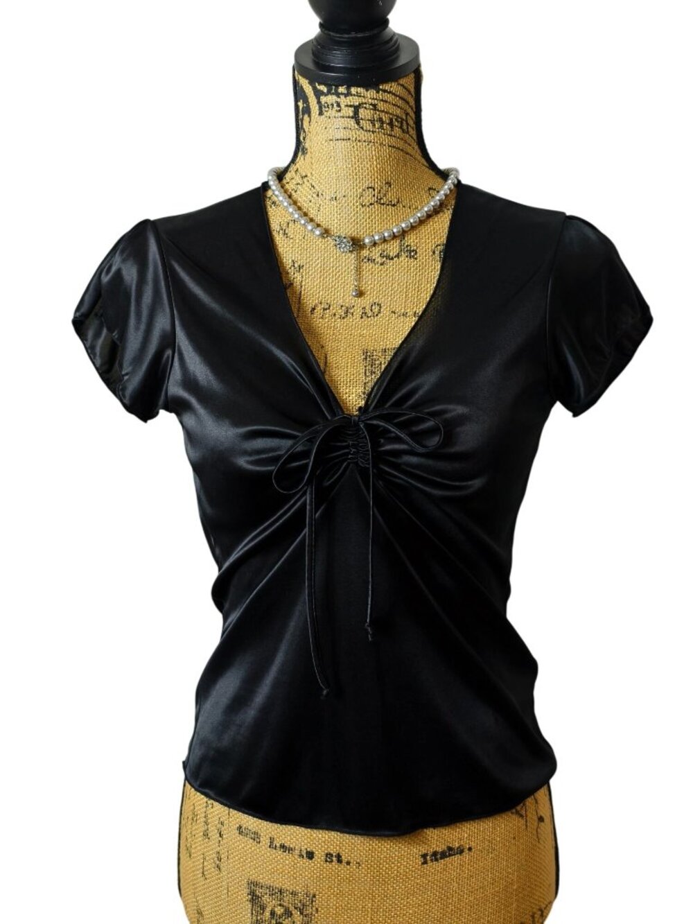 Aphrodite Womens L Black Satin Top V-Neck Ruched Tie Detail Shrt Slv Soft Noir
